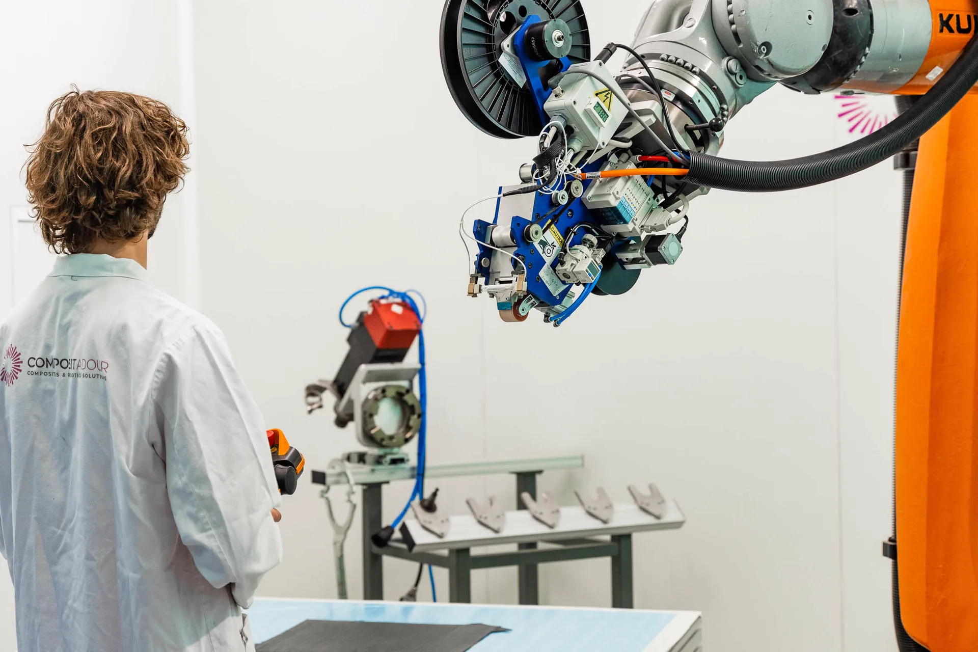 Addcomposites automated fiber-placement system being integrated with an industrial KUKA robot